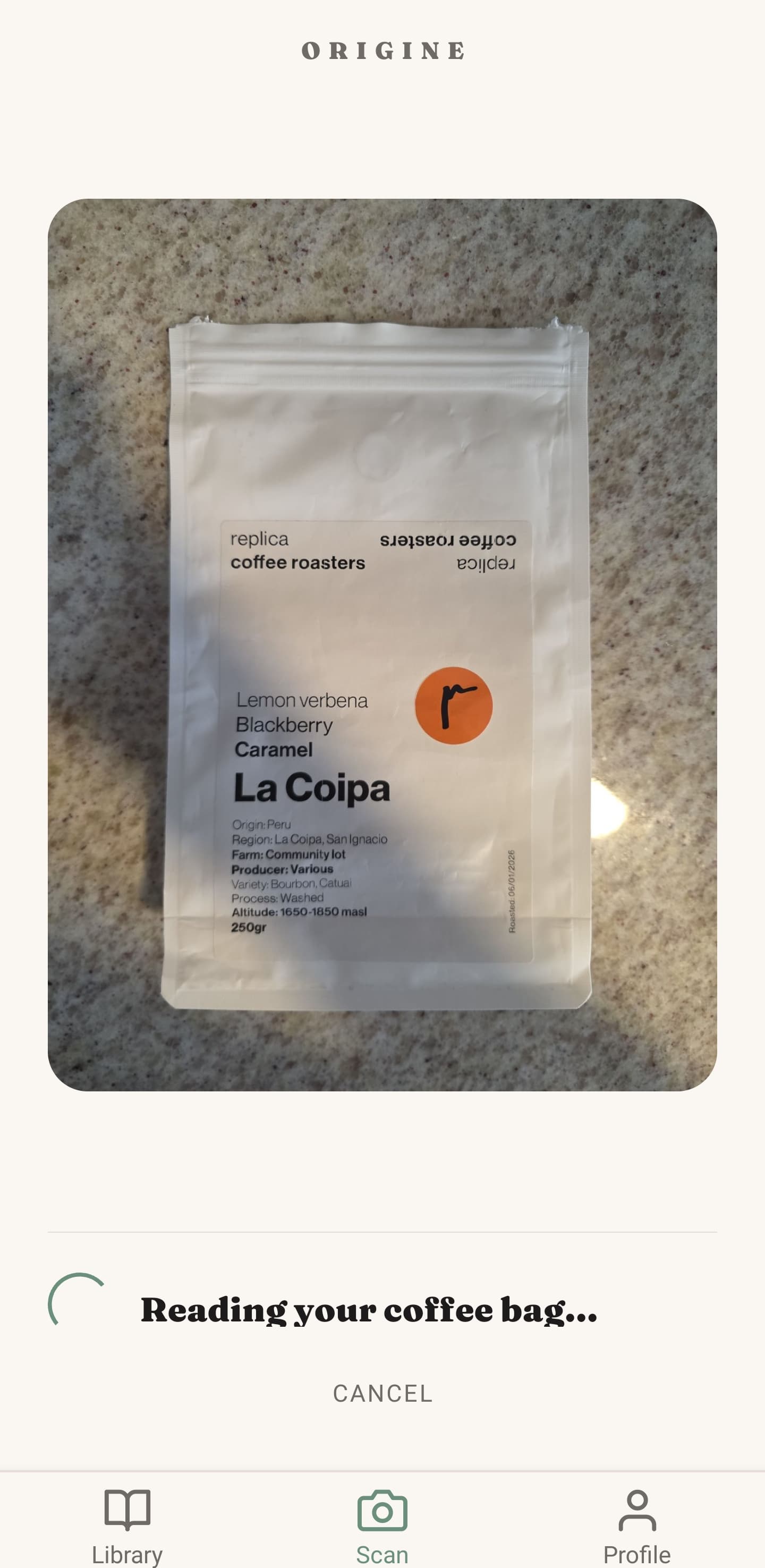 Scanning a coffee bag with Origine